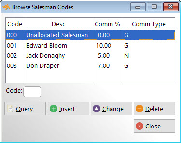 Commission Management Software Step 2 - Browse your unique salesman codes, add new ones or edit existing codes with ease